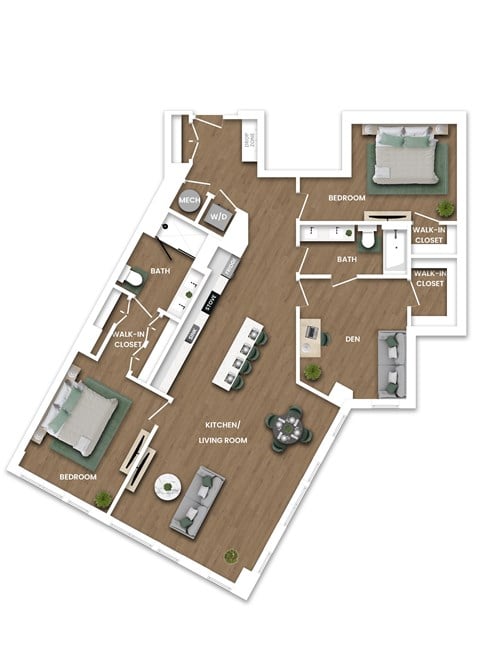 Floor plan for 3 beds, 2 baths, 1228 sqft
